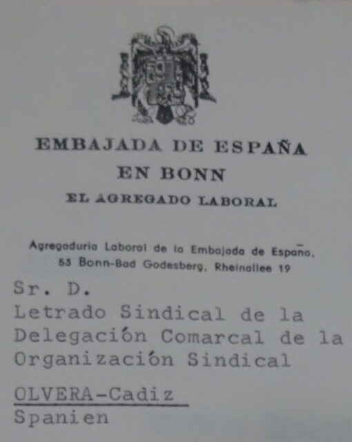 Membrete de la Embajada de España en Bonn (Alemania) en una carta dirigida al delegado sindical de Olvera.