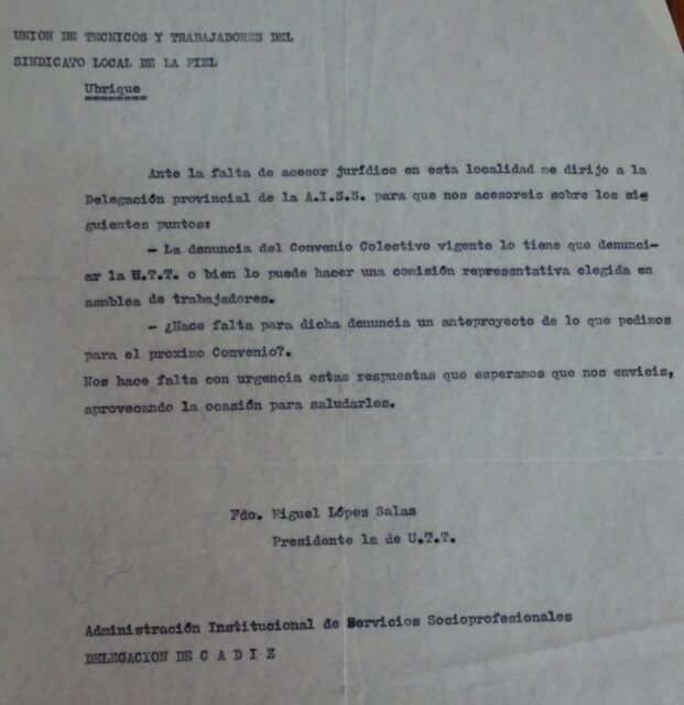 Copia de la carta del presidente de la UTT de la Piel a la AISS (AHMU).