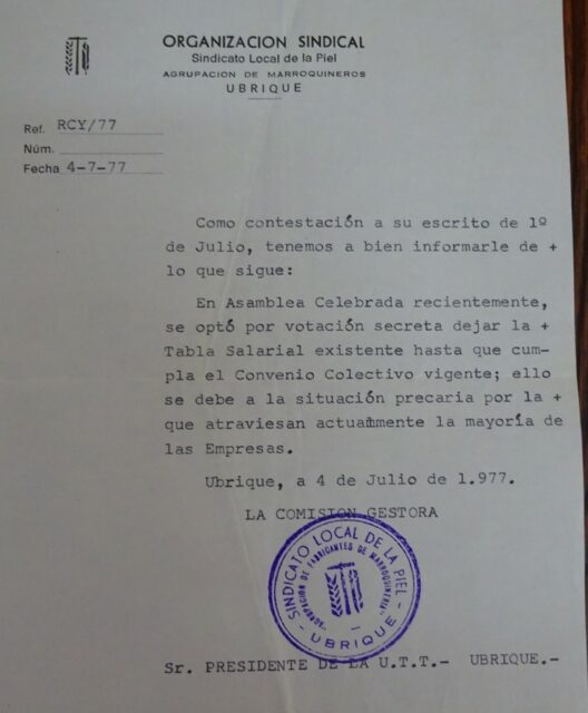 Respuesta de la Asociación de Empresarios al presidente de la UTT de Ubrique, 1977 (AHMU).