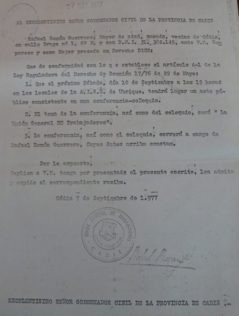Instancia de Rafael Román para presentar la UGT en Ubrique en septiembre de 1977 (AHMU).