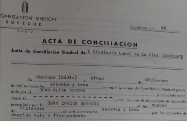 Cabecera de un acta de conciliación laboral de 1973 (AHMU, leg 1704).