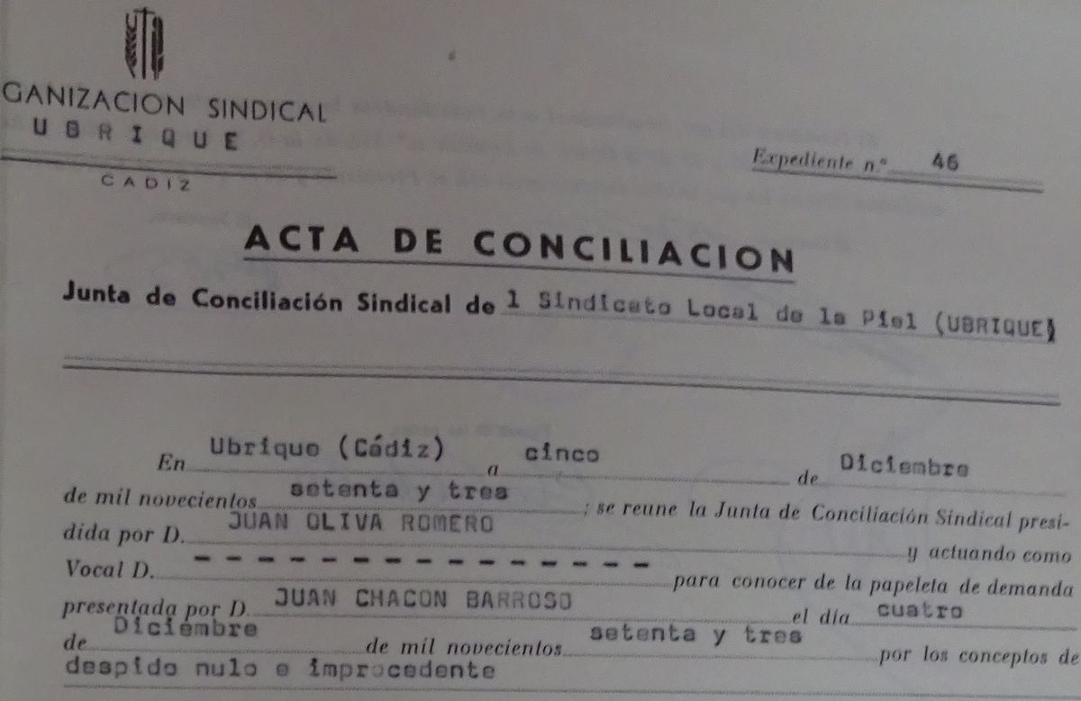 Cabecera de un acta de conciliación laboral de 1973 (AHMU, leg 1704).