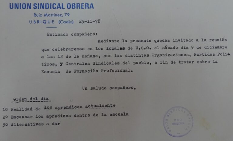 Convocatoria de uso sobre la Escuela de Formación Profesional, 1978 (Archivo del pce, Ubrique)